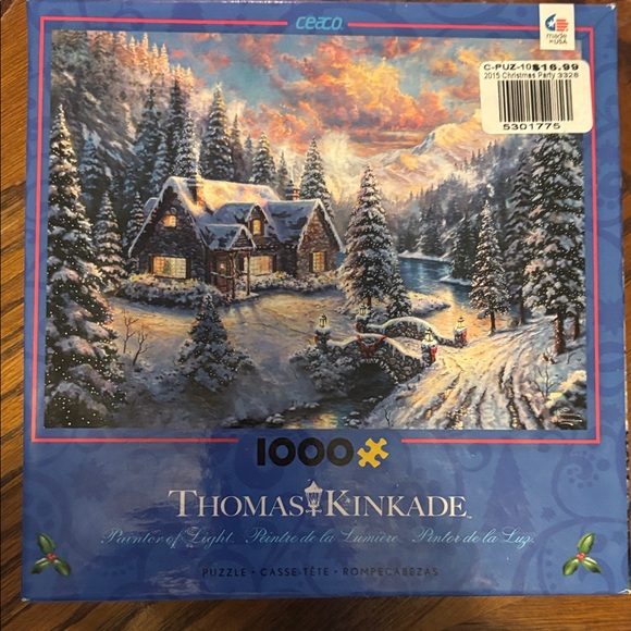 Thomas Kinkade Snowy Cabin Scene Puzzle - Blue and White - Picture 1 of 2